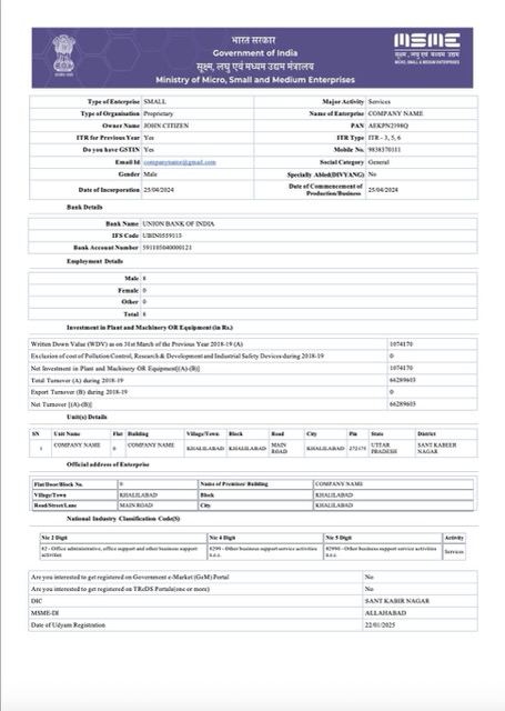 India Udyam registration certificate Word and PDF template, version 6